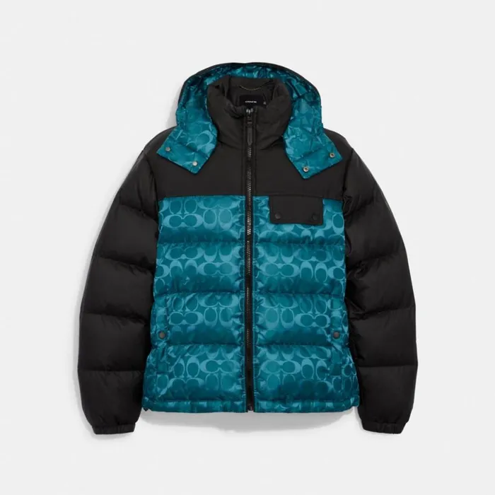 Men Signature Hooded Puffer Jacket Blackdark Pine Signature Coach Jackets and Outerwear
