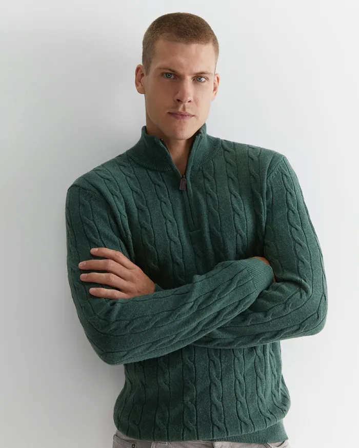 Men Sportscraft Jackets and Blazers Munro Cable Wool Quarter Zip Green Melange