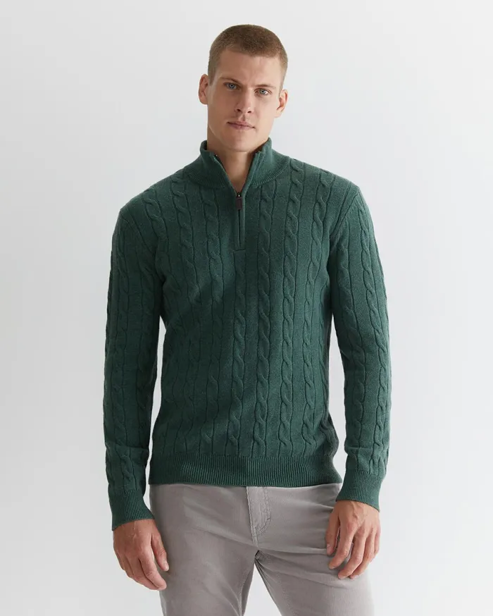 Men Sportscraft Jackets and Blazers Munro Cable Wool Quarter Zip Green Melange