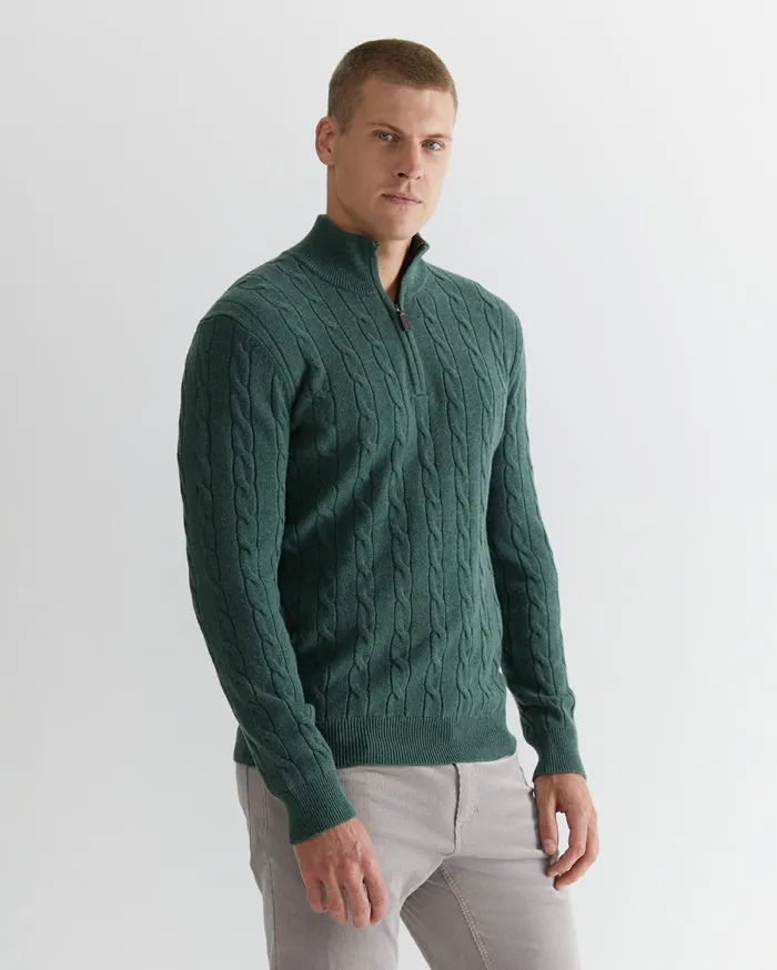 Men Sportscraft Jackets and Blazers Munro Cable Wool Quarter Zip Green Melange
