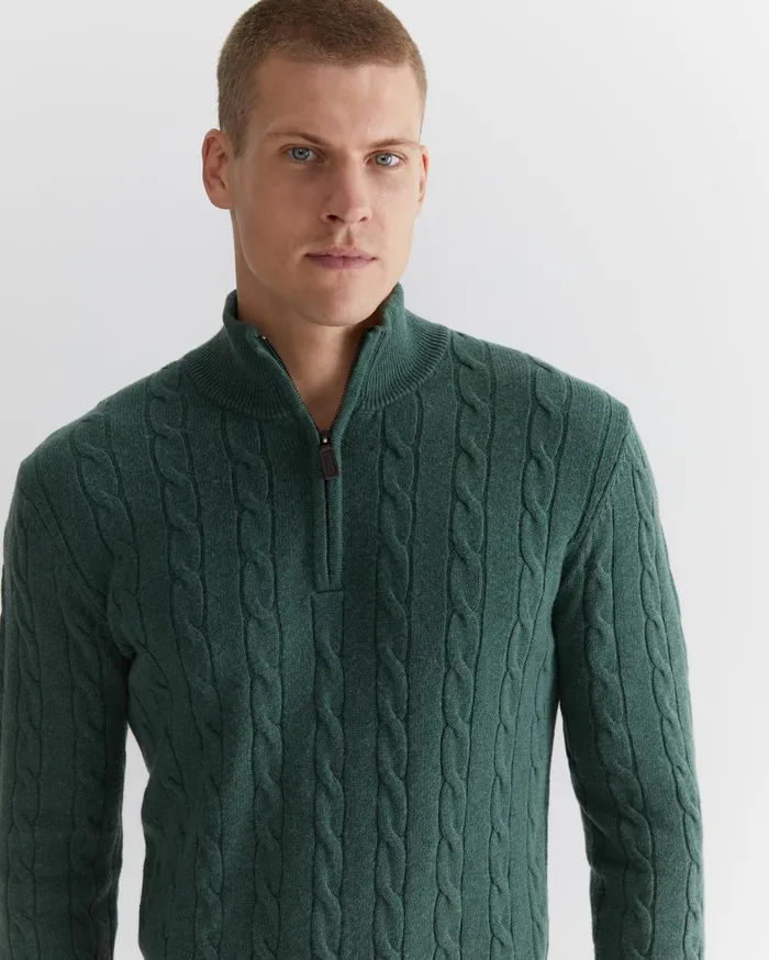 Men Sportscraft Jackets and Blazers Munro Cable Wool Quarter Zip Green Melange