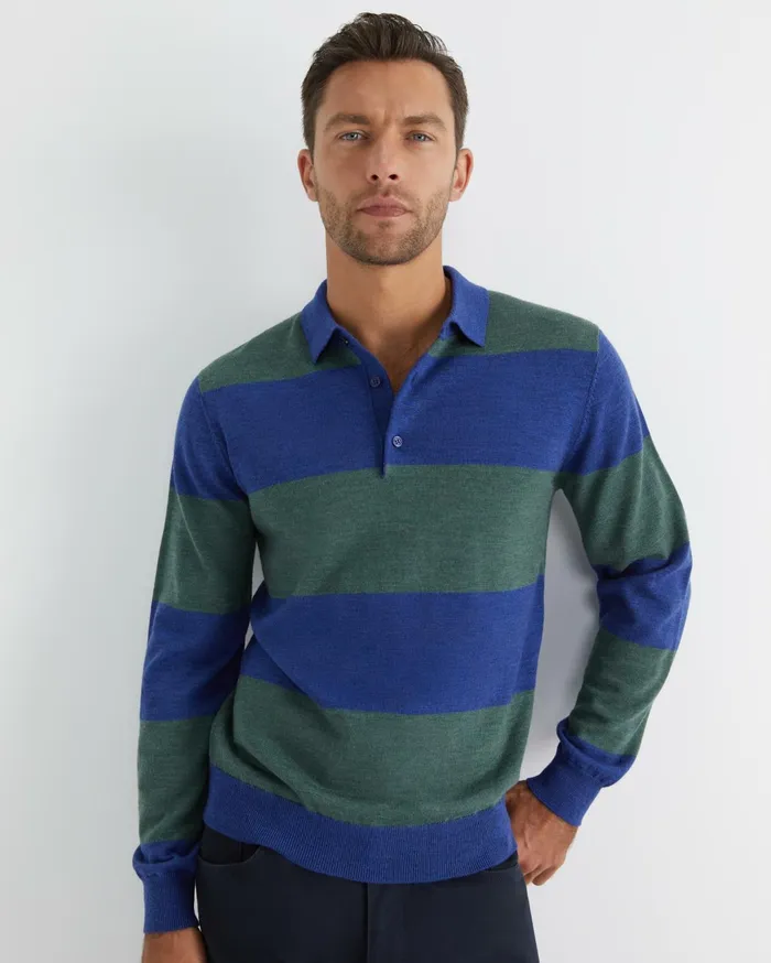 Men Sportscraft Knitwear Stripe Wool Knit Polo Navy Multi