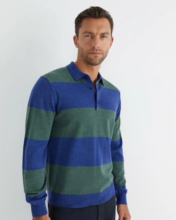 Men Sportscraft Knitwear Stripe Wool Knit Polo Navy Multi