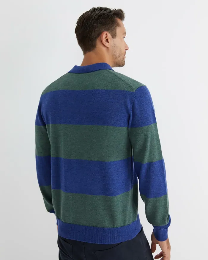 Men Sportscraft Knitwear Stripe Wool Knit Polo Navy Multi