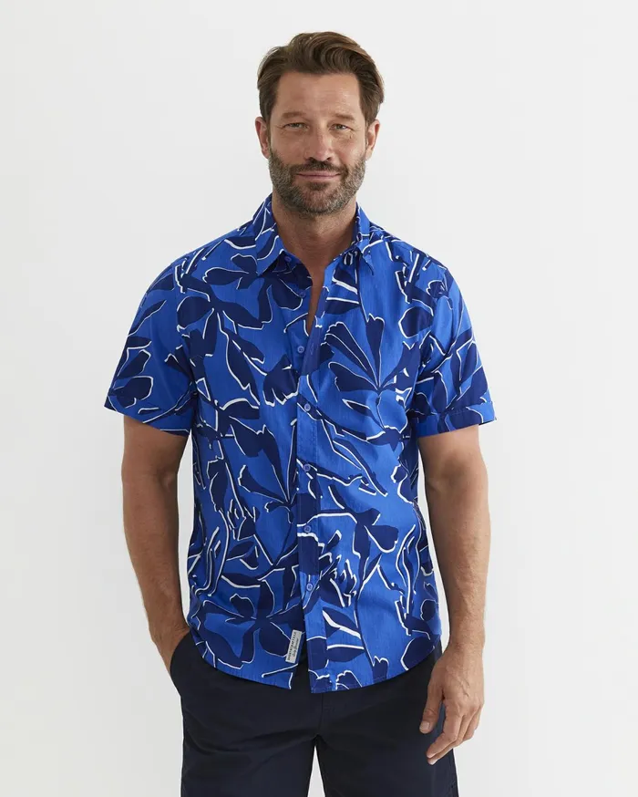 Men Sportscraft Shirts Marks Short Sleeve Cotton Shirt Navy Multi