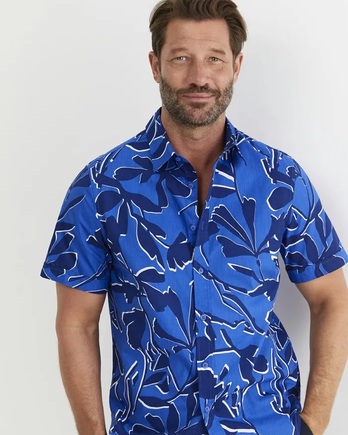 Men Sportscraft Shirts Marks Short Sleeve Cotton Shirt Navy Multi