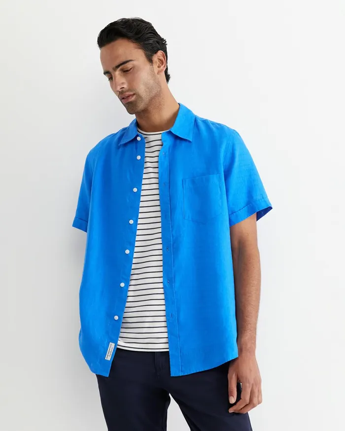 Men Sportscraft Shirts Short Sleeve Linen Shirt Cobalt