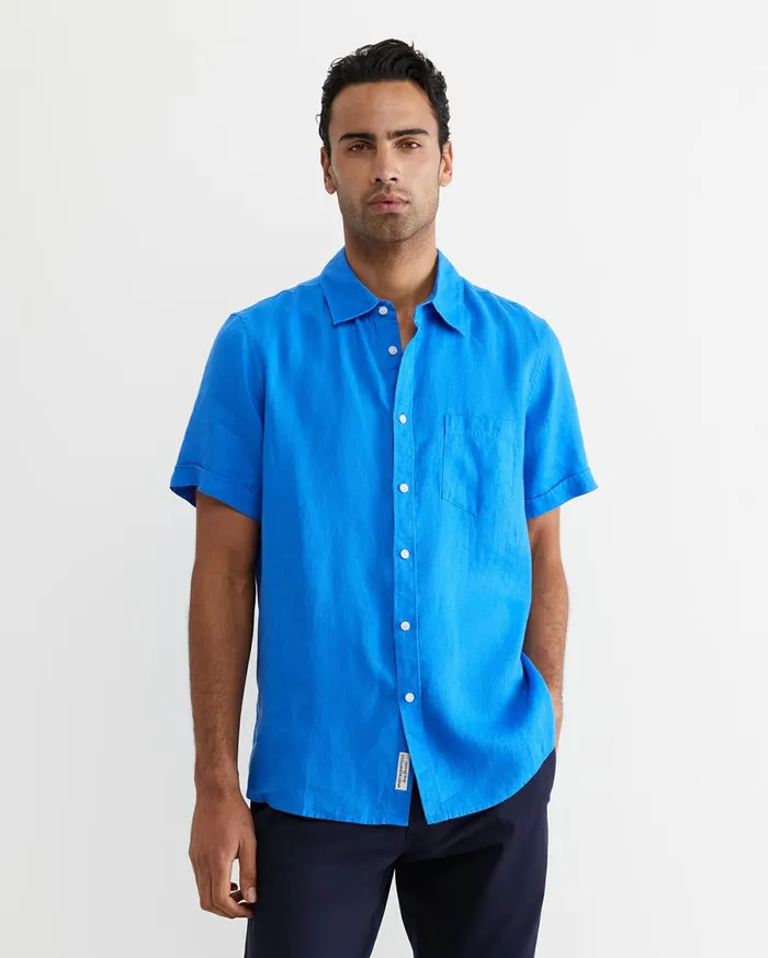 Men Sportscraft Shirts Short Sleeve Linen Shirt Cobalt