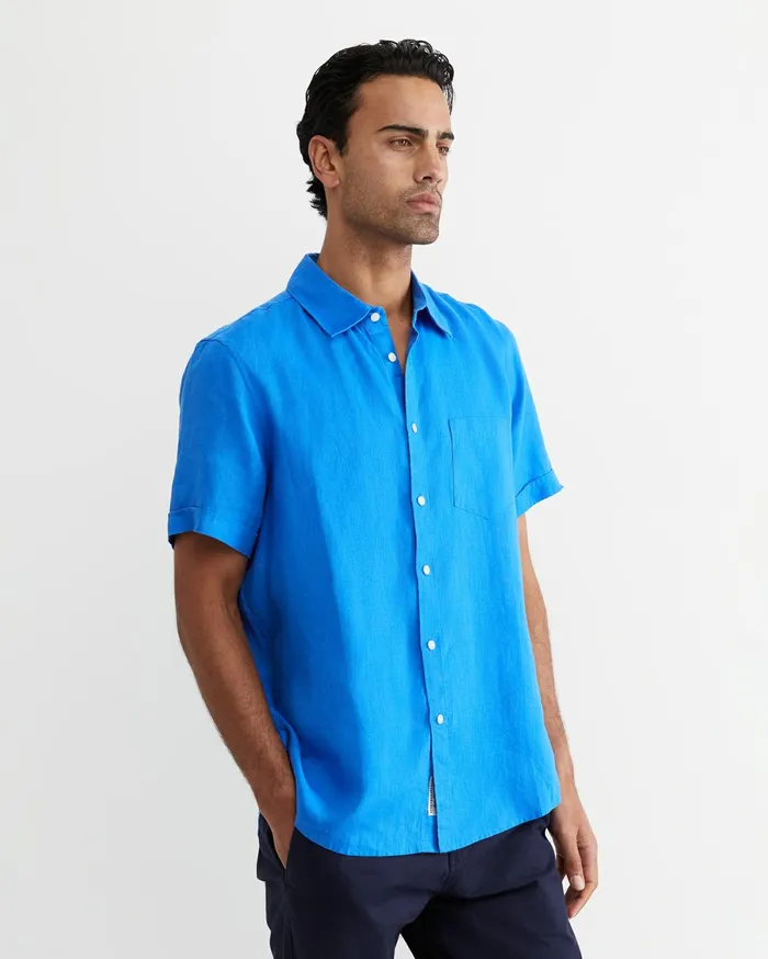 Men Sportscraft Shirts Short Sleeve Linen Shirt Cobalt