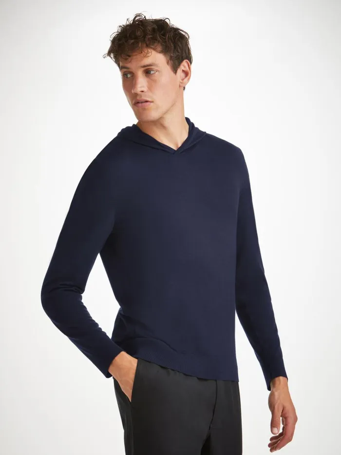 Merino Sweaters and Hoodies Men Derek Rose Hoodie Orson Merino Wool Navy