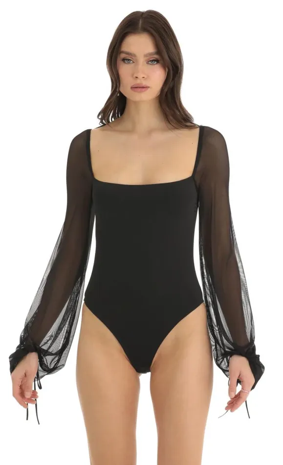 Mesh Long Sleeve Bodysuit Black Women LUCY IN THE SKY Bodysuits
