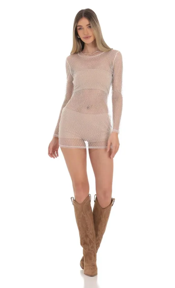 Mesh Rhinstone Dress White Women LUCY IN THE SKY Mini Dresses