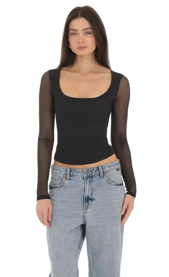 Mesh Scoop Long Sleeve Top Black Women LUCY IN THE SKY Tops