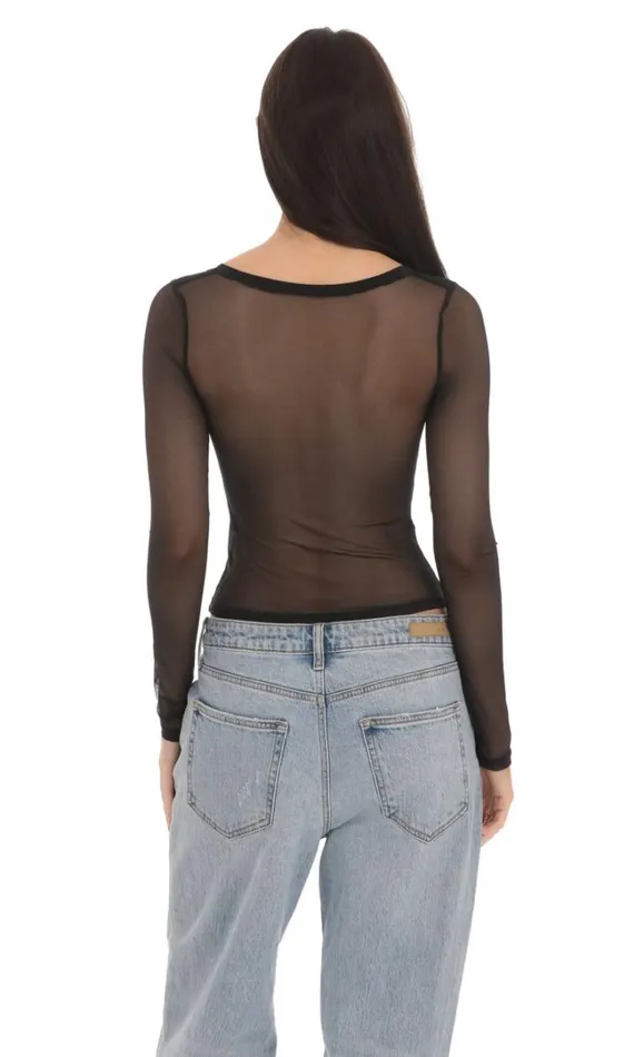 Mesh Scoop Long Sleeve Top Black Women LUCY IN THE SKY Tops Mesh Scoop Long Sleeve Top Black Women LUCY IN THE SKY Tops