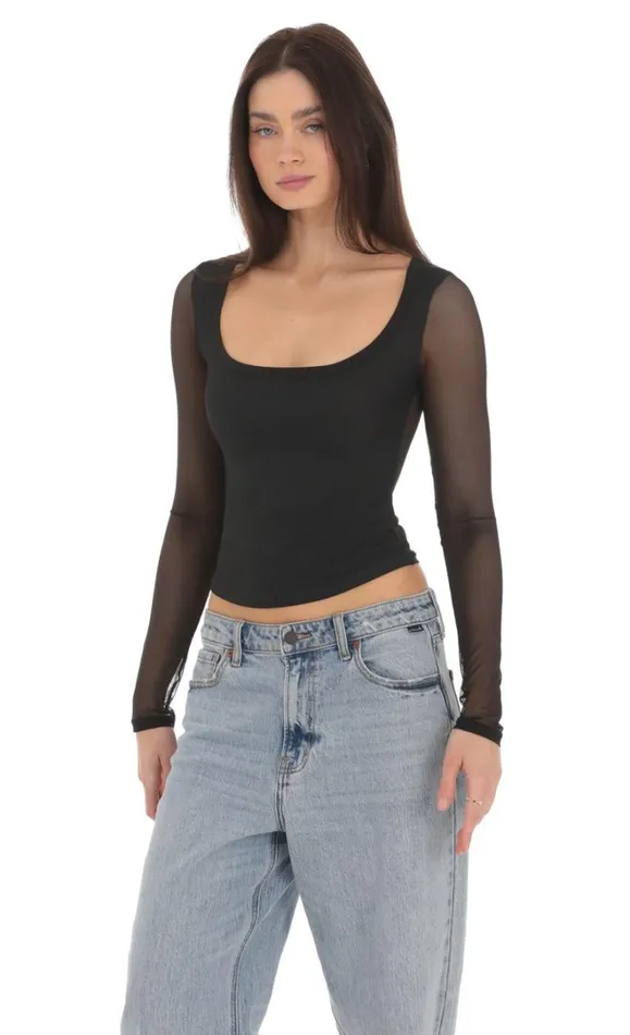 Mesh Scoop Long Sleeve Top Black Women LUCY IN THE SKY Tops Mesh Scoop Long Sleeve Top Black Women LUCY IN THE SKY Tops