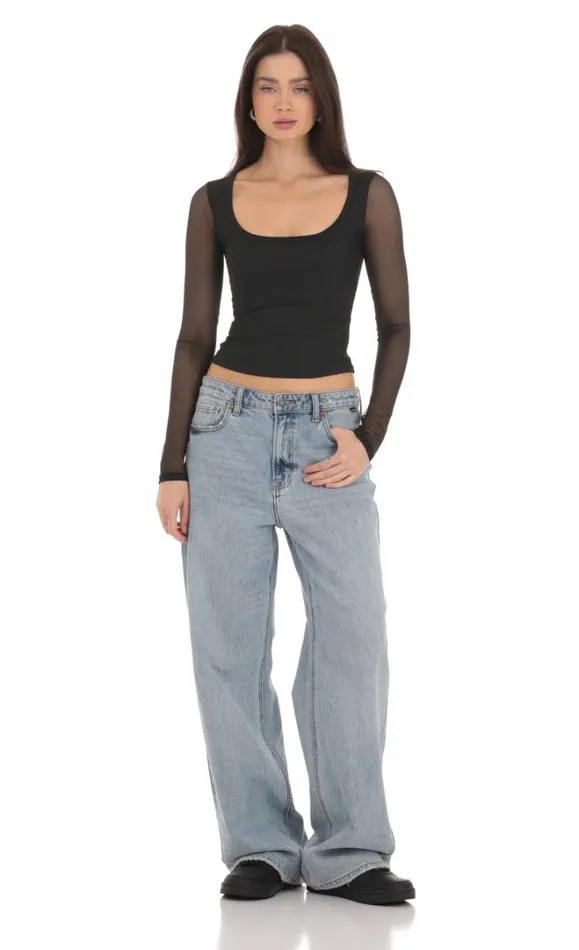 Mesh Scoop Long Sleeve Top Black Women LUCY IN THE SKY Tops Mesh Scoop Long Sleeve Top Black Women LUCY IN THE SKY Tops