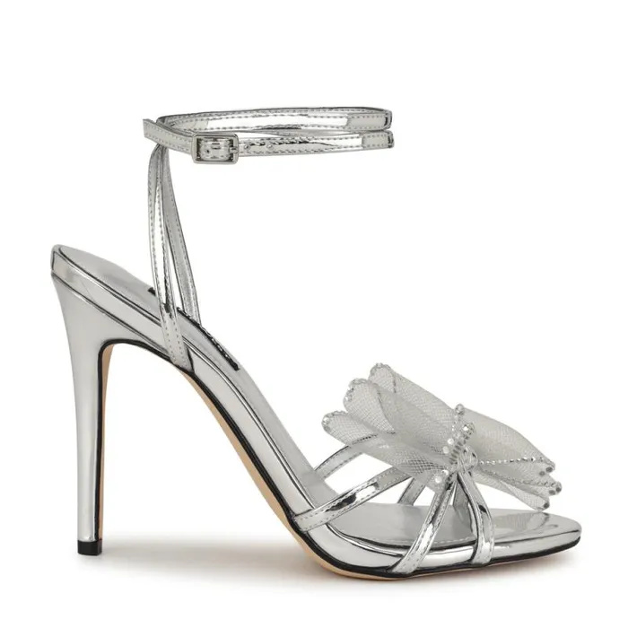 Minky Bow Heeled Sandals Silver Women Nine West Sandals