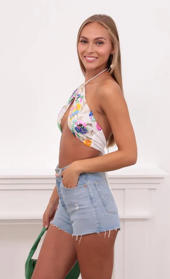 Multi Colored Sequin Mesh Top White Women LUCY IN THE SKY Tops Multi Colored Sequin Mesh Top White Women LUCY IN THE SKY Tops