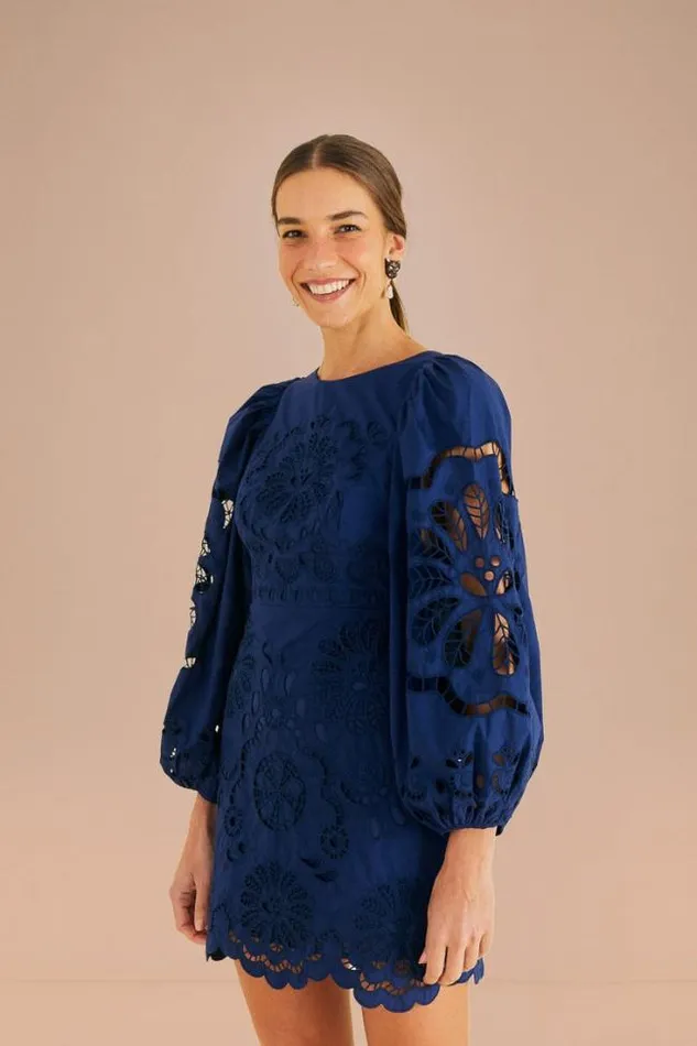 Navy Blue Flowery Richelieu Mini Dress Women FARM Rio Mini Dresses