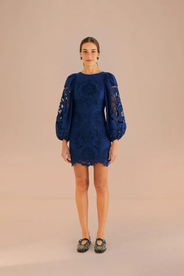 Navy Blue Flowery Richelieu Mini Dress Women FARM Rio Mini Dresses
