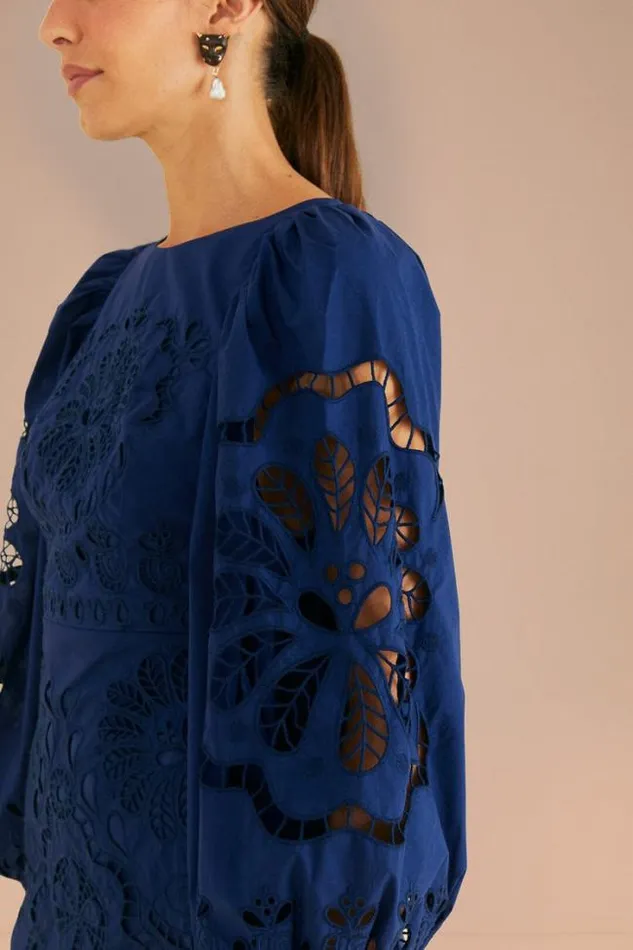 Navy Blue Flowery Richelieu Mini Dress Women FARM Rio Mini Dresses
