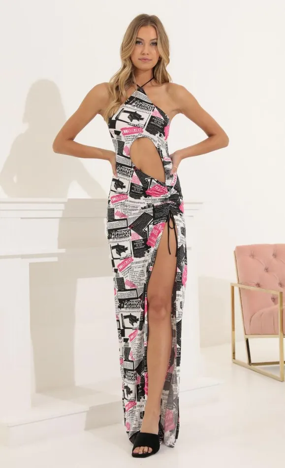 Newspaper Print Cutout Maxi Dress Black Women LUCY IN THE SKY Maxi Dresses