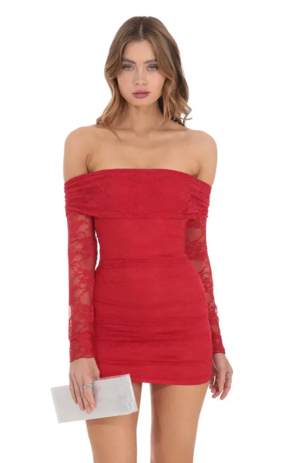 Off Shoulder Long Sleeve Lace Dress Red Women LUCY IN THE SKY Mini Dresses