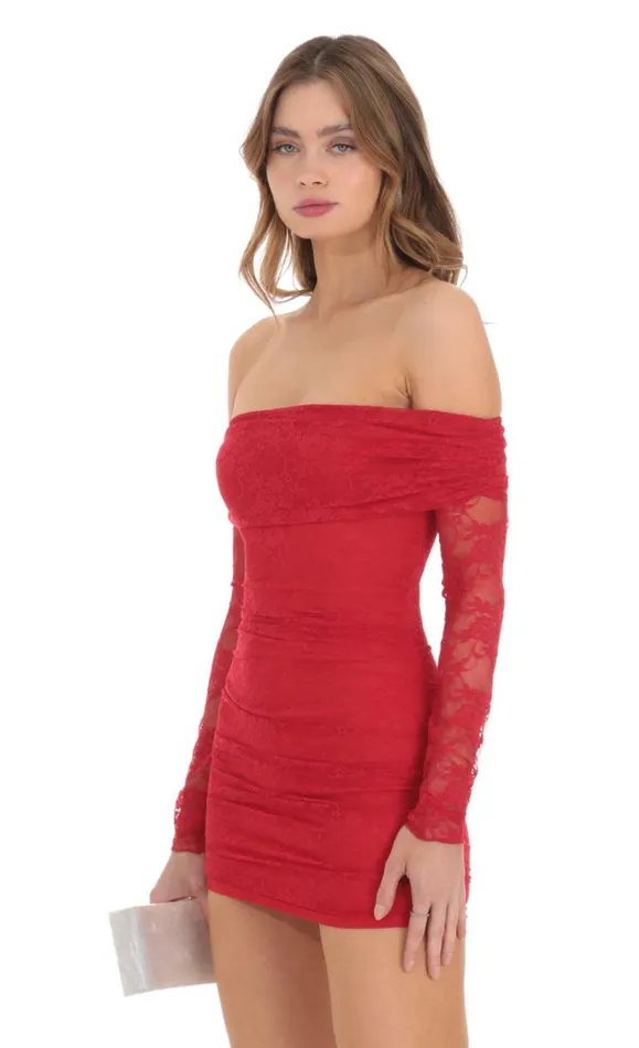 Off Shoulder Long Sleeve Lace Dress Red Women LUCY IN THE SKY Mini Dresses Off Shoulder Long Sleeve Lace Dress Red Women LUCY IN THE SKY Mini Dresses