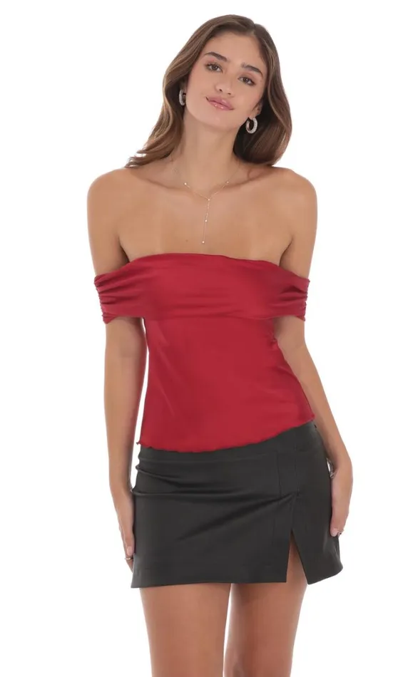 Off Shoulder Satin Top Red Women LUCY IN THE SKY Tops Off Shoulder Satin Top Red Women LUCY IN THE SKY Tops