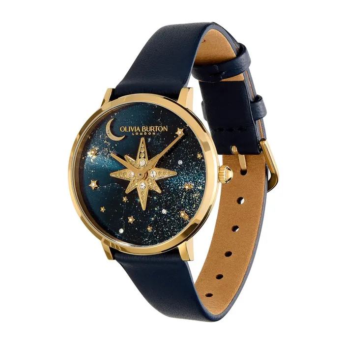 Olivia Burton Celestial Watches Women 35mm Nova Slim Gold and Sapphire Blue Leather Strap Watch