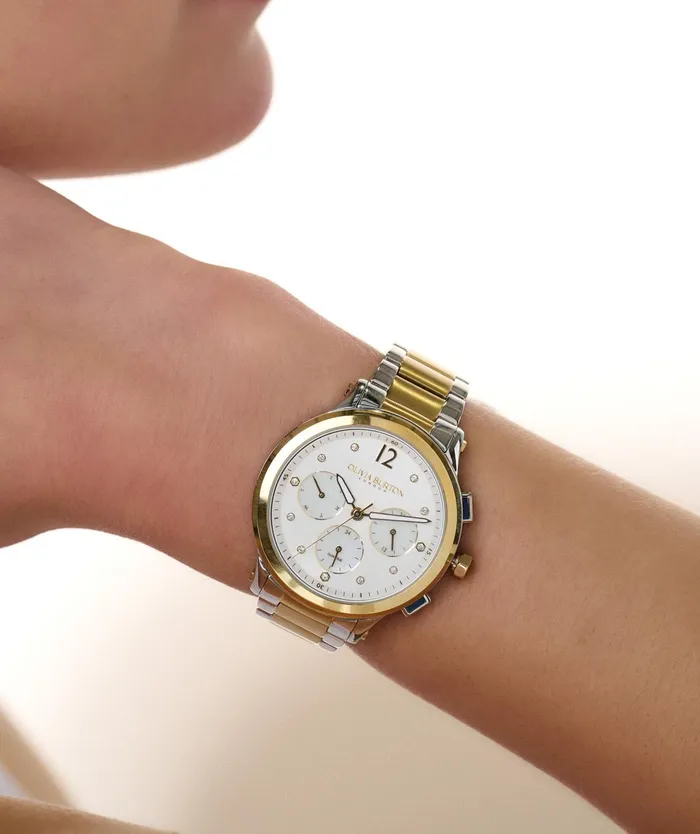 Olivia Burton Sports Luxe Watches Women 38mm MultiFunction Metallic White and Two Tone Bracelet Watch