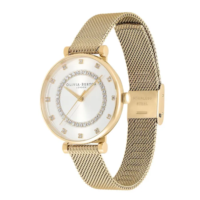 Olivia Burton White Dial Watches Women 32mm Tbar White and Gold Mesh Watch