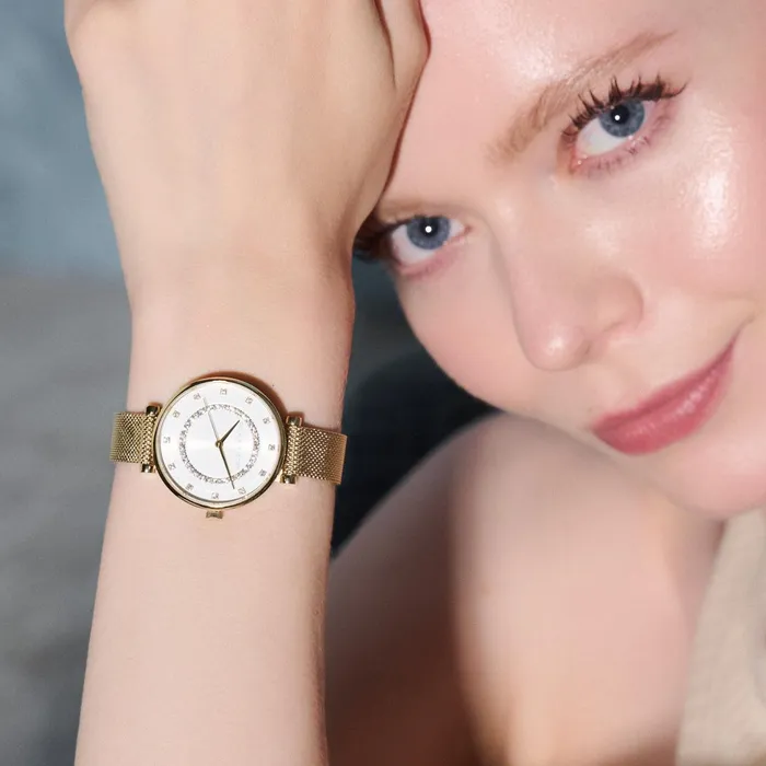 Olivia Burton White Dial Watches Women 32mm Tbar White and Gold Mesh Watch