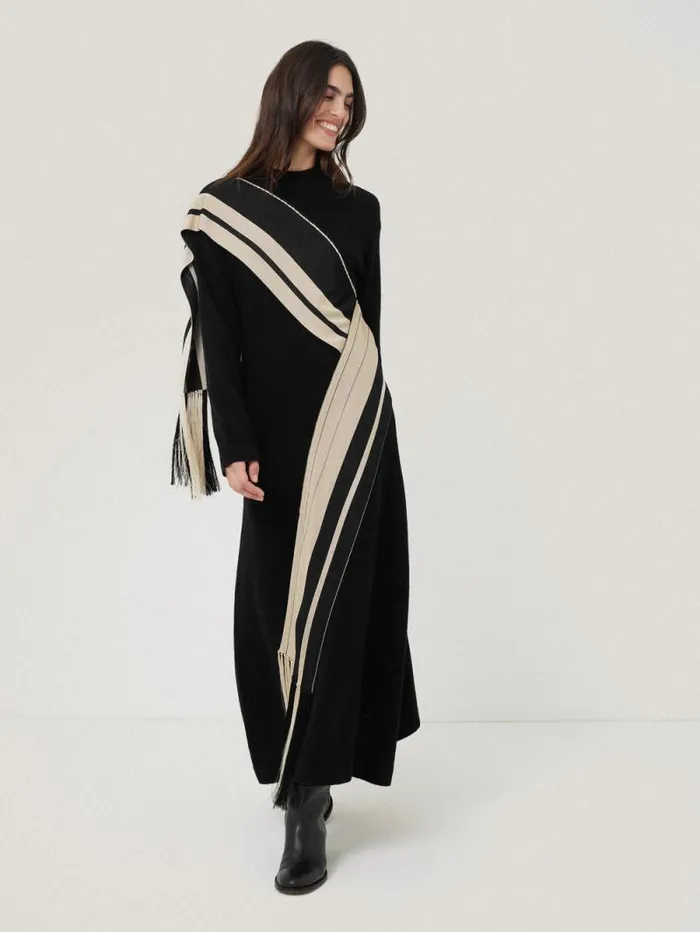 Opera Scarf Knitted Dress Black Women Jigsaw Knitwear and Cashmere