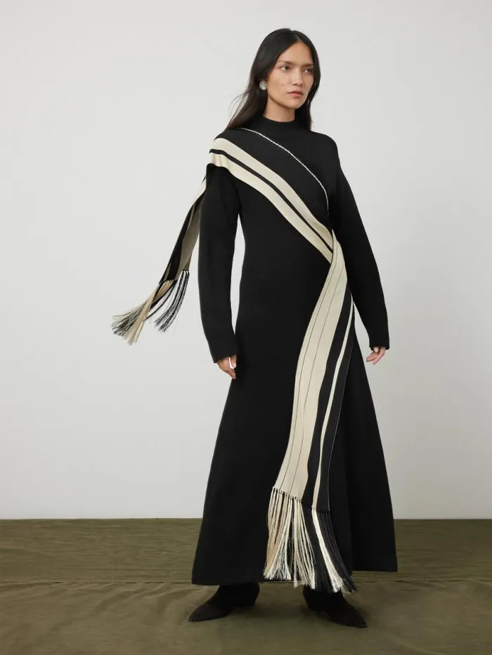 Opera Scarf Knitted Dress Black Women Jigsaw Knitwear and Cashmere