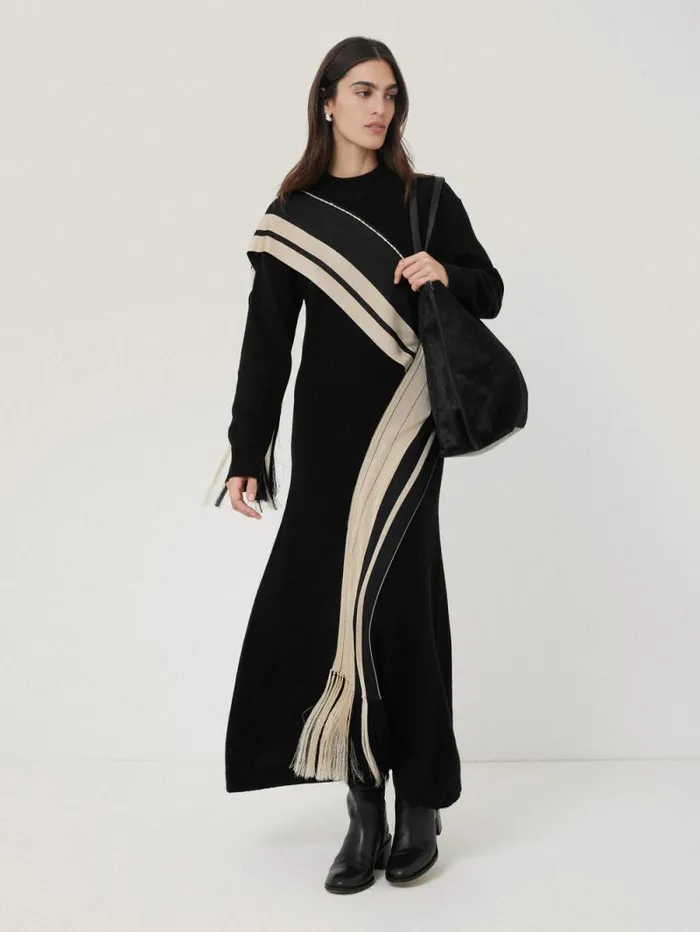 Opera Scarf Knitted Dress Black Women Jigsaw Knitwear and Cashmere