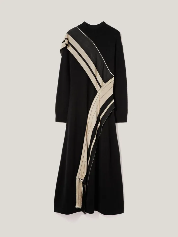 Opera Scarf Knitted Dress Black Women Jigsaw Knitwear and Cashmere