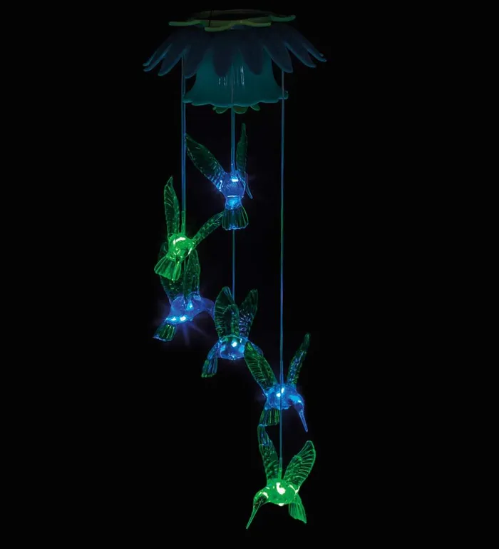 Outdoor Living Color Changing Hummingbirds Solar Mobile With Flower Top Plow and Hearth Wind Chimes and Mobiles