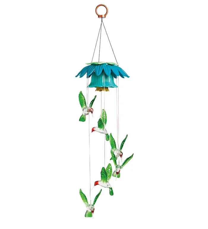 Outdoor Living Color Changing Hummingbirds Solar Mobile With Flower Top Plow and Hearth Wind Chimes and Mobiles Outdoor Living Color Changing Hummingbirds Solar Mobile With Flower Top Plow and Hearth Wind Chimes and Mobiles