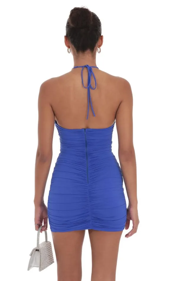 Pearl Halter Bodycon Dress Blue Women LUCY IN THE SKY Mini Dresses