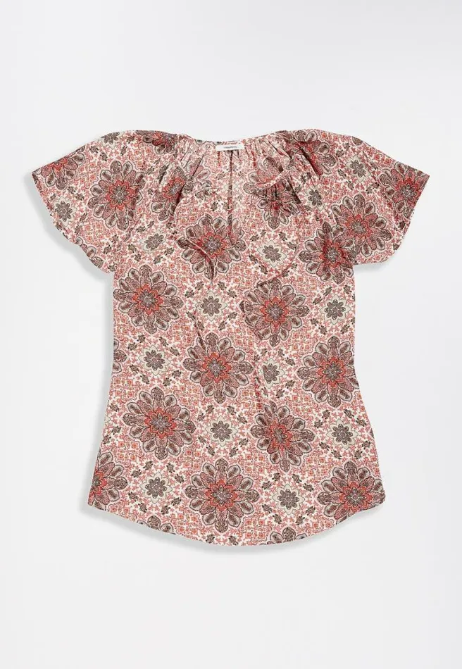 Pink Tile Print Flutter Sleeve Top Women Maurices Tops