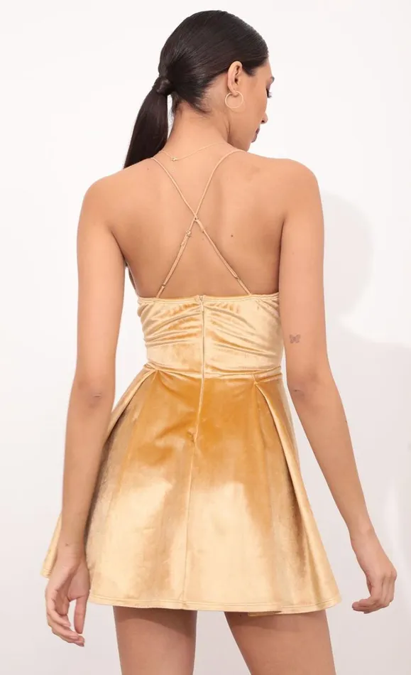 Pleated Aline Velvet Dress Mustard Women LUCY IN THE SKY Mini Dresses Pleated Aline Velvet Dress Mustard Women LUCY IN THE SKY Mini Dresses
