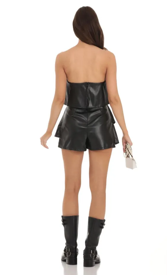 Pleather Ruffle Strapless Romper Black Women LUCY IN THE SKY Mini Dresses Pleather Ruffle Strapless Romper Black Women LUCY IN THE SKY Mini Dresses
