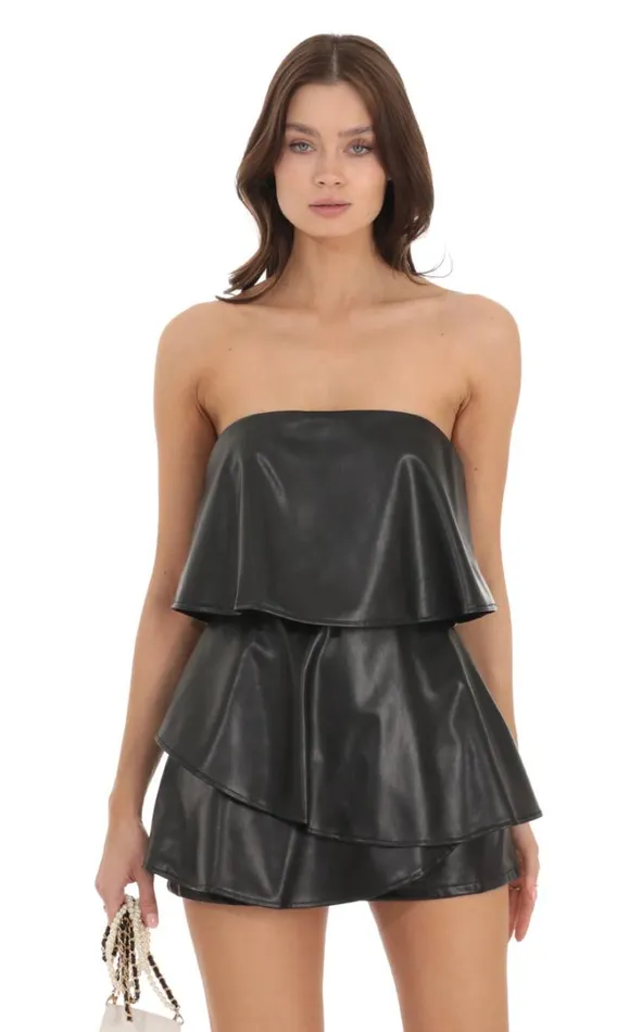 Pleather Ruffle Strapless Romper Black Women LUCY IN THE SKY Mini Dresses Pleather Ruffle Strapless Romper Black Women LUCY IN THE SKY Mini Dresses