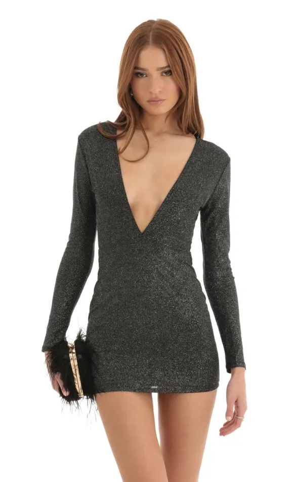 Plunge Dress Black Crystal Women LUCY IN THE SKY Mini Dresses