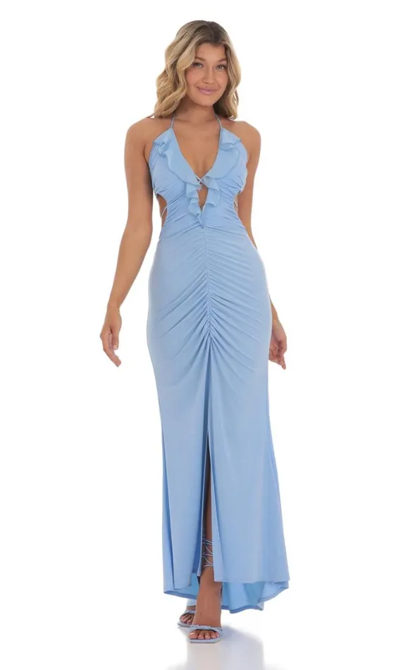 Plunge Neck Ruched Maxi Dress Blue Women LUCY IN THE SKY Maxi Dresses