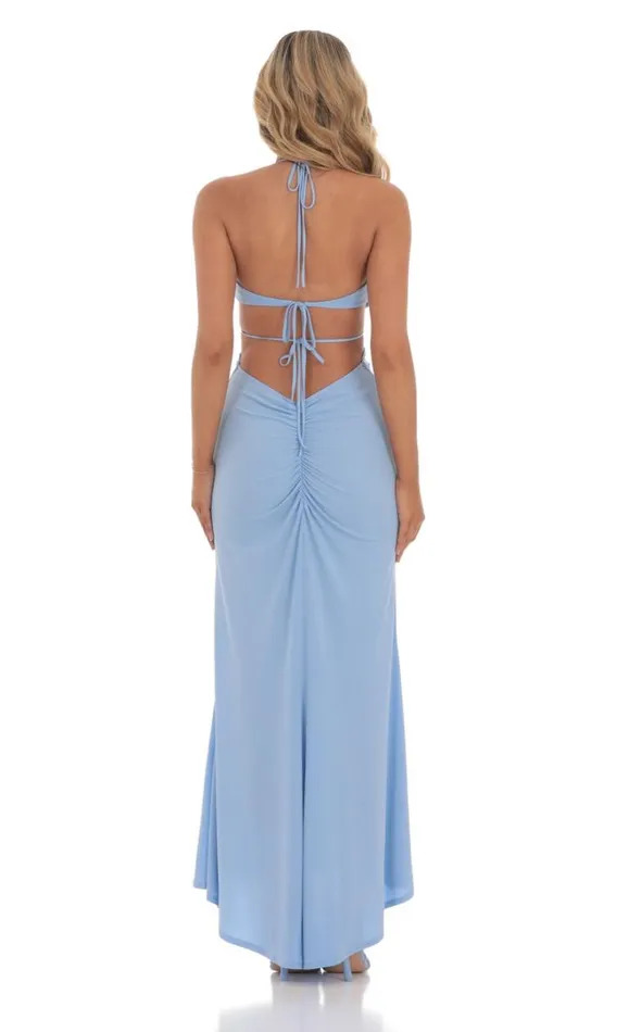 Plunge Neck Ruched Maxi Dress Blue Women LUCY IN THE SKY Maxi Dresses