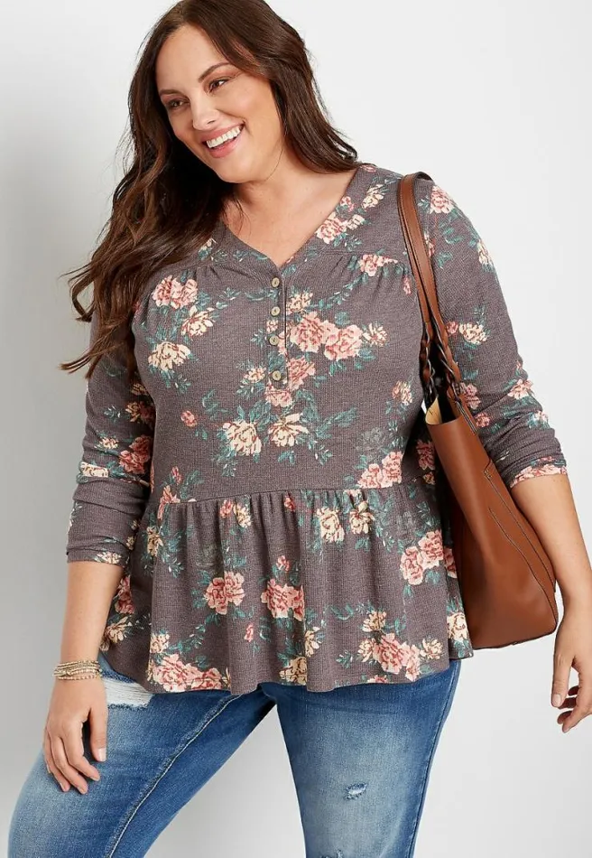 Plus Size Brown Floral Long Sleeve Henley Top Women Maurices Plus Tops