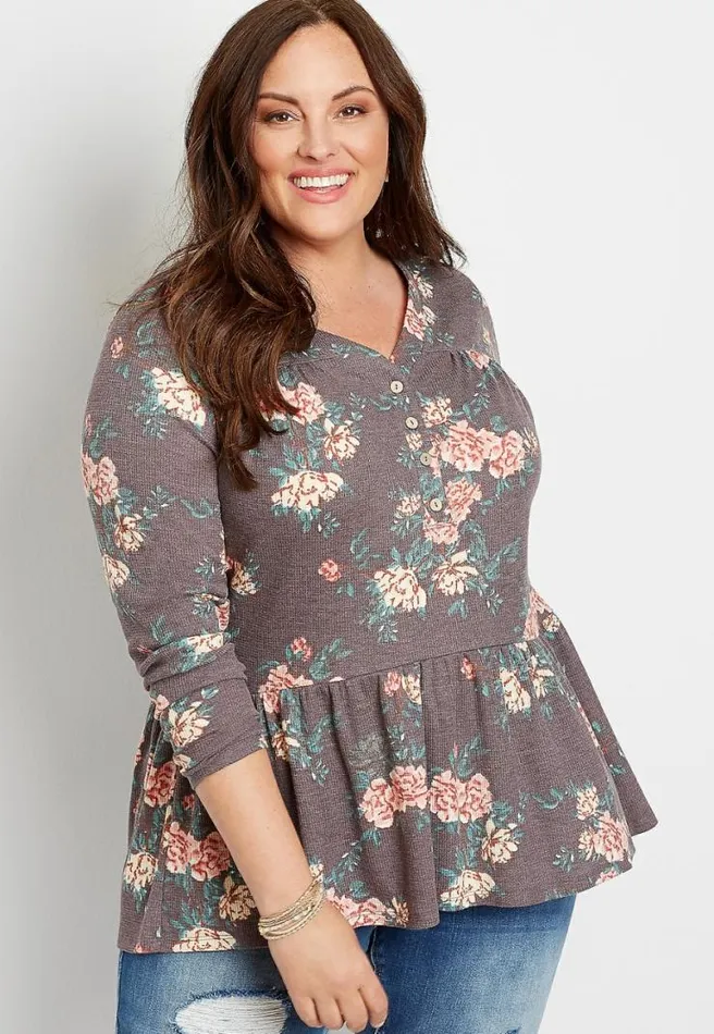 Plus Size Brown Floral Long Sleeve Henley Top Women Maurices Plus Tops