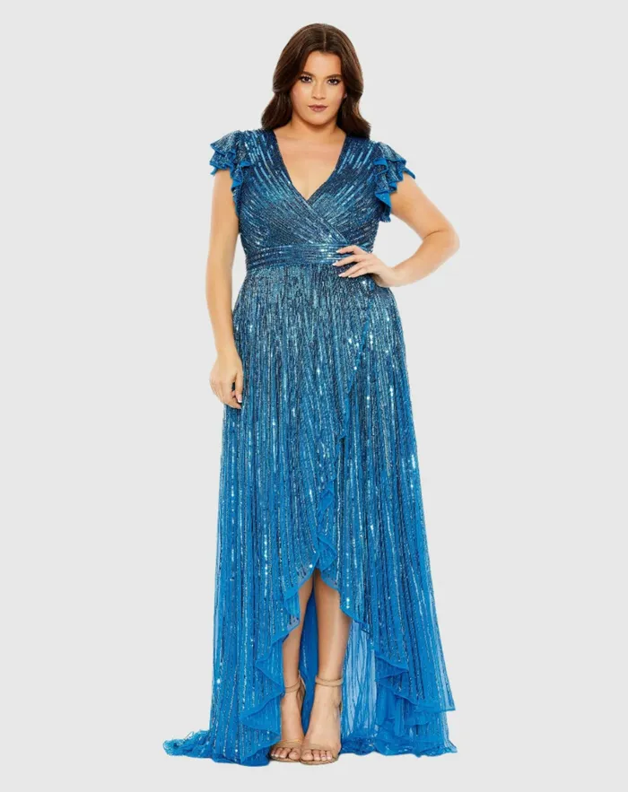 Plus Size Dresses Mac Duggal Women VNeck Flutter Sleeve HighLow Gown Plus Teal